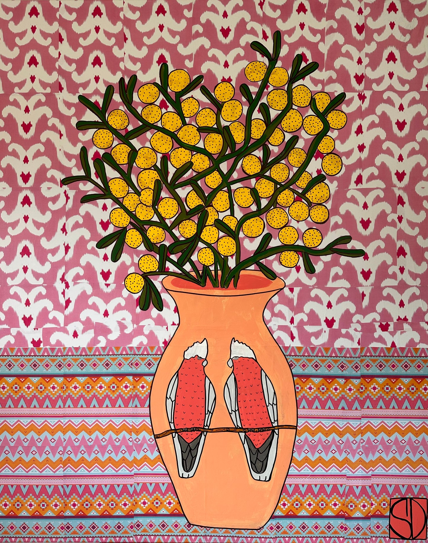 YELLOW WATTLE IN PINK GALAH VASE